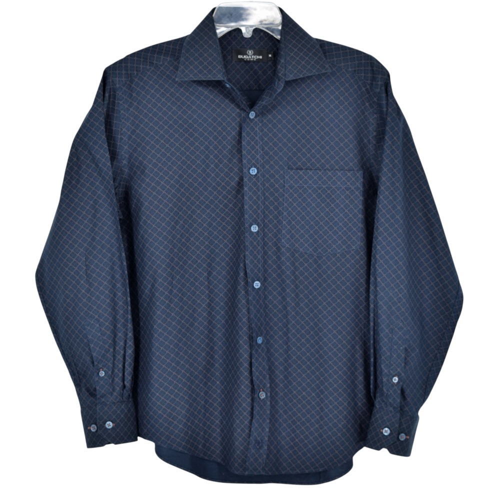 Bugatchi Uomo Mens Shirt M 100% Cotton Chain Link Geometric Grid Navy Orange